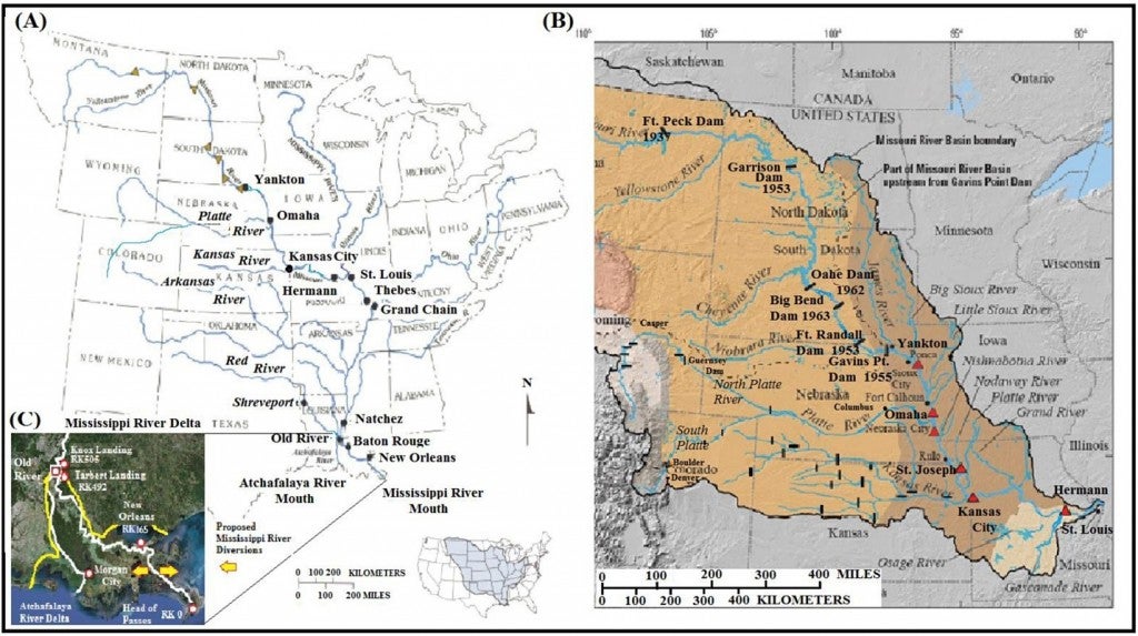 (1)(A) Suspended sediment sampling stations in the Mississippi River watershed, modified from Meade and Moody (2010). (B) USGS sediment sampling stations (red triangles) and large dams along the Missouri River Basin, modified from Alexander et al. (2013). (C) Mississippi River Delta Plain and proposed sites of large diversions (Coastal Protection and Restoration Authority, 2012). Image from Kemp et al. 2016. 