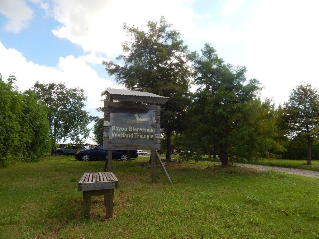 Welcome sign to the Bayou Bienvenue Wetland Triangle.